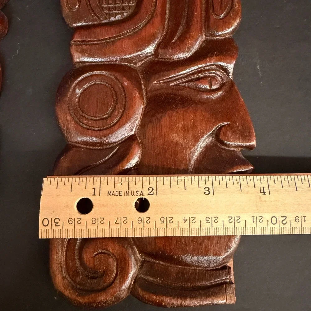 Vintage Honduras Hand Carved Wood Mayan Aztec Face Wall Art Plaques Pair 10.5